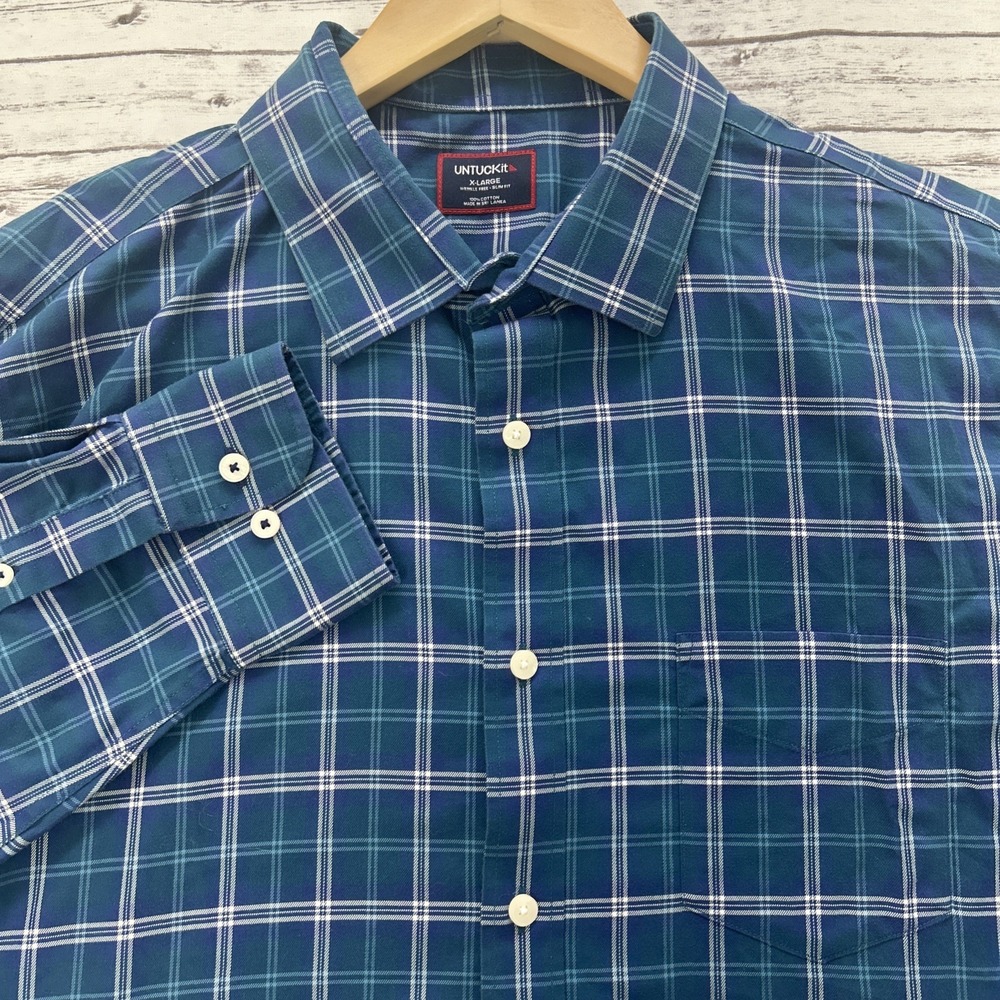 UNTUCKit Harwin Teal WF Plaid Button-Up Shirt Men's XL Slim Fit Wrinkle Free